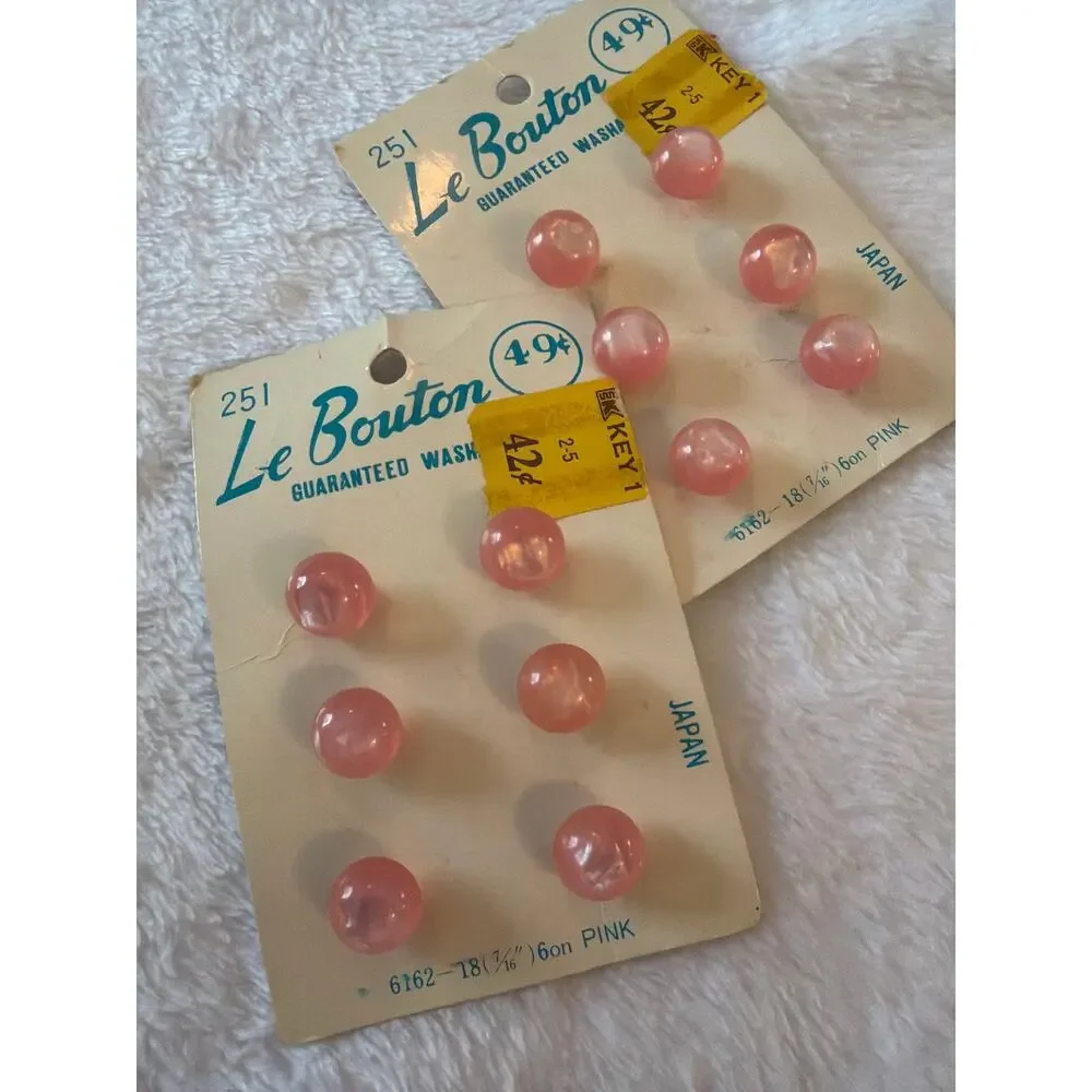 Vintage Le Bouton Pink Buttons 12 Pc Set of 2 B Blumenthal Original Cards Sewing